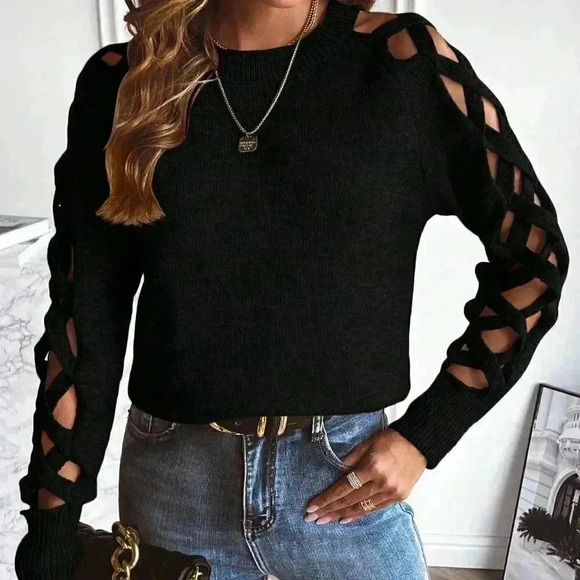 Black Casual Womens Cut Out Raglan Sleeve Crisscross Sweater - Picture 5 of 5